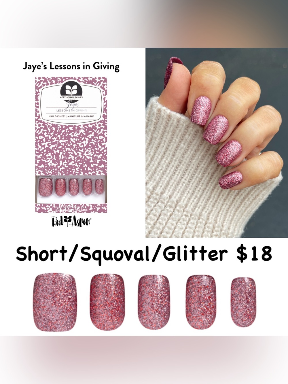 Red Aspen Acrylic 💖Jaye’s💖 Sparking Pink Glitter Press-On Nails